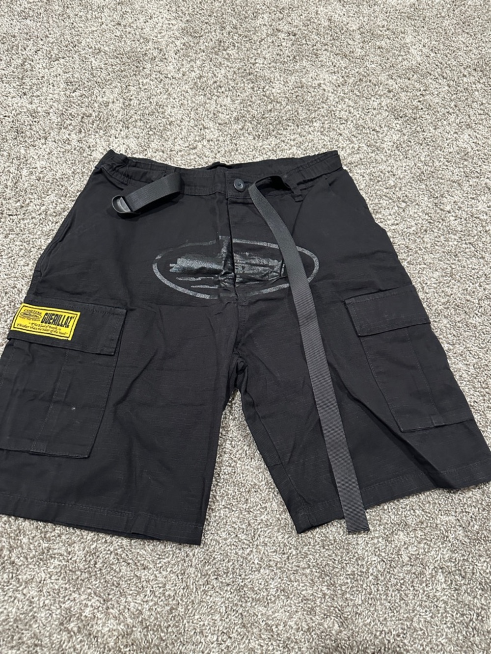 Black Men's Cargo Shorts with Utility Belt and Yellow Patch